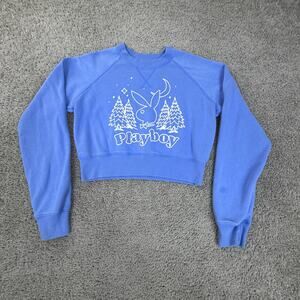 Playboy Sweatshirt Womens Medium Blue Camp Playboy Cropped Fleece Pullover